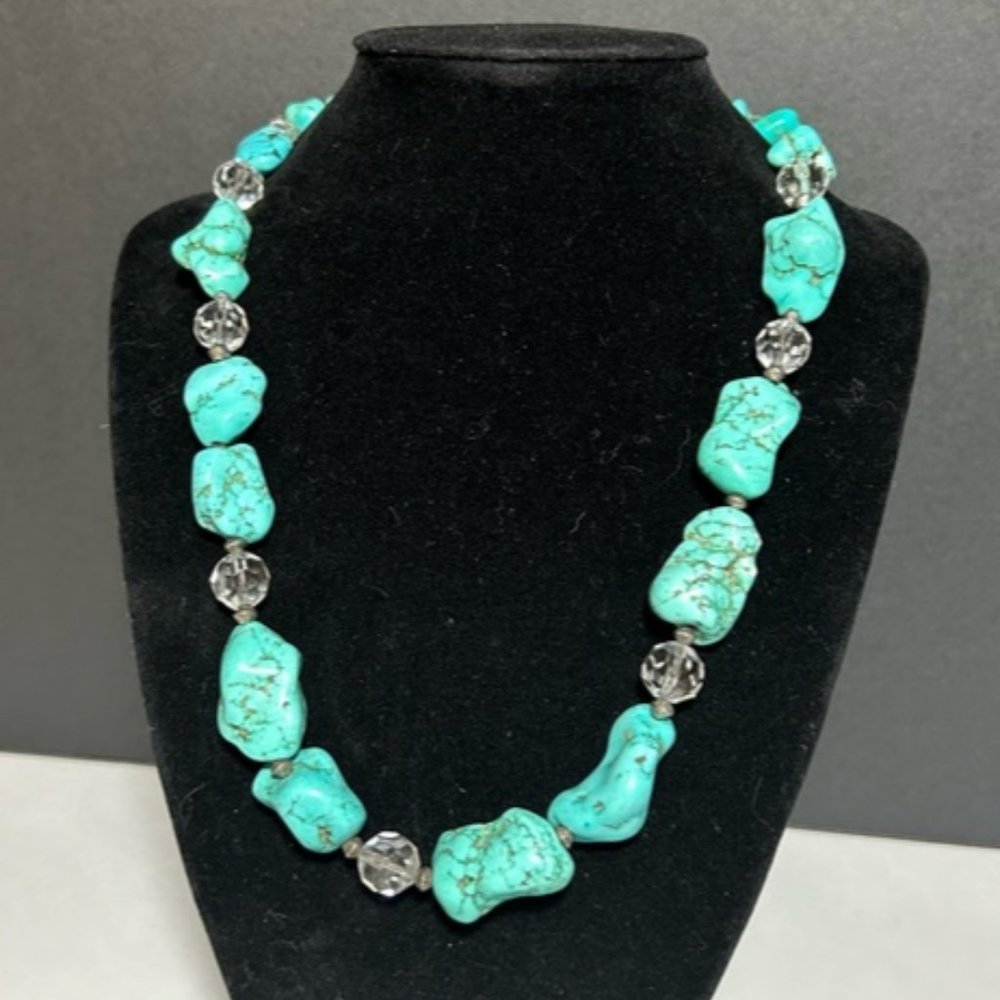 Turquoise Stone and Clear Bead Costume Necklace